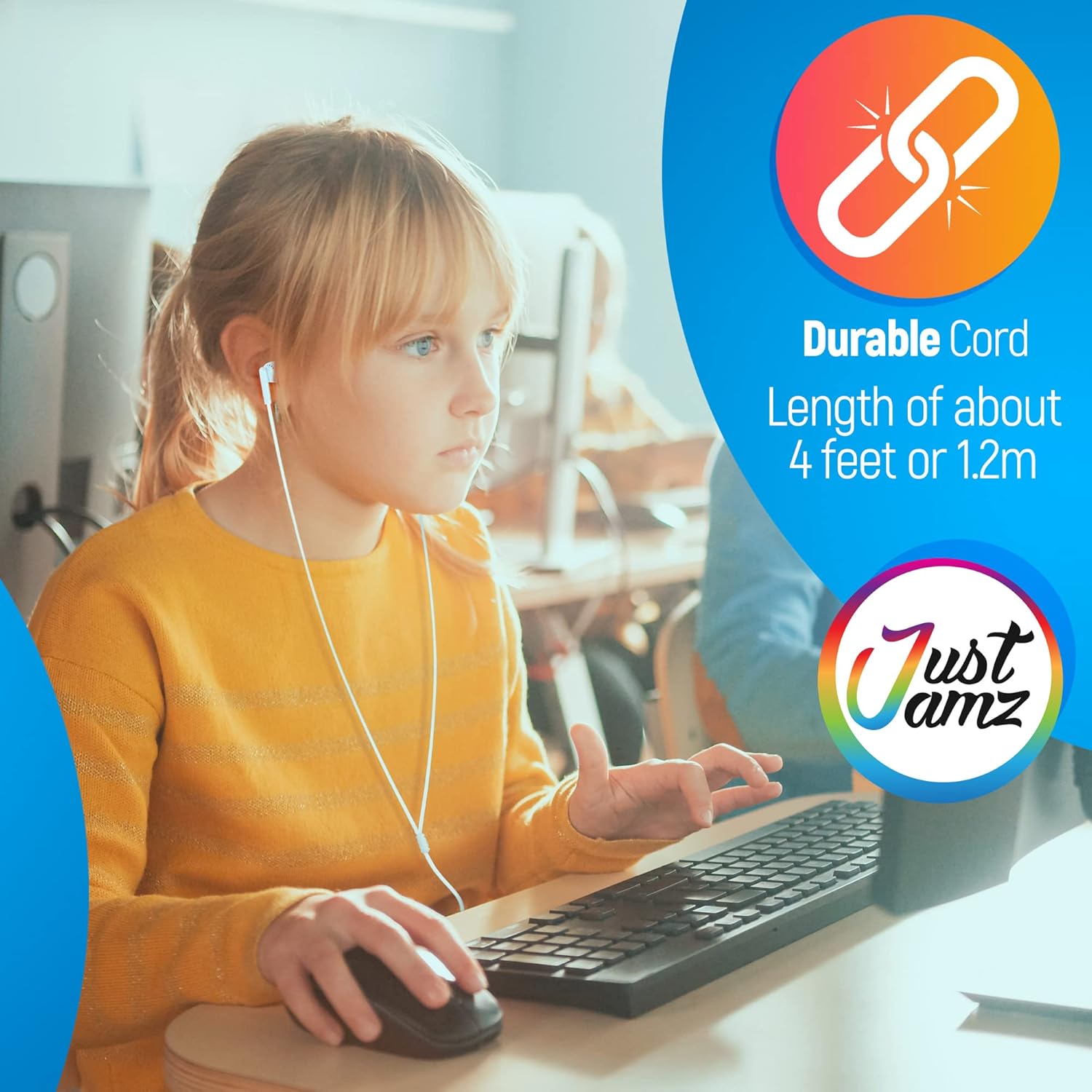 JustJamz JustJamz Pearl White Bulk Headphones 100 Pack Wired Earbuds for Classroom Schools Students Comfortable Tangle-Free Design 3.5mm Jack - View 7 of 9