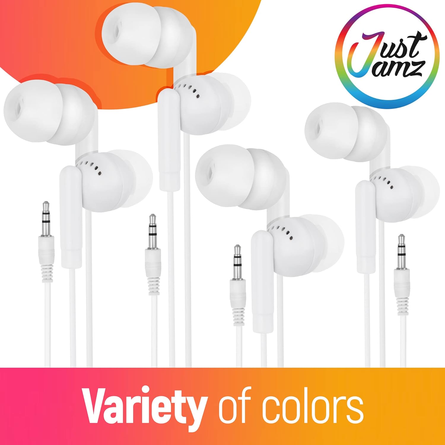 JustJamz JustJamz Pearl White Bulk Headphones 100 Pack Wired Earbuds for Classroom Schools Students Comfortable Tangle-Free Design 3.5mm Jack - View 8 of 9