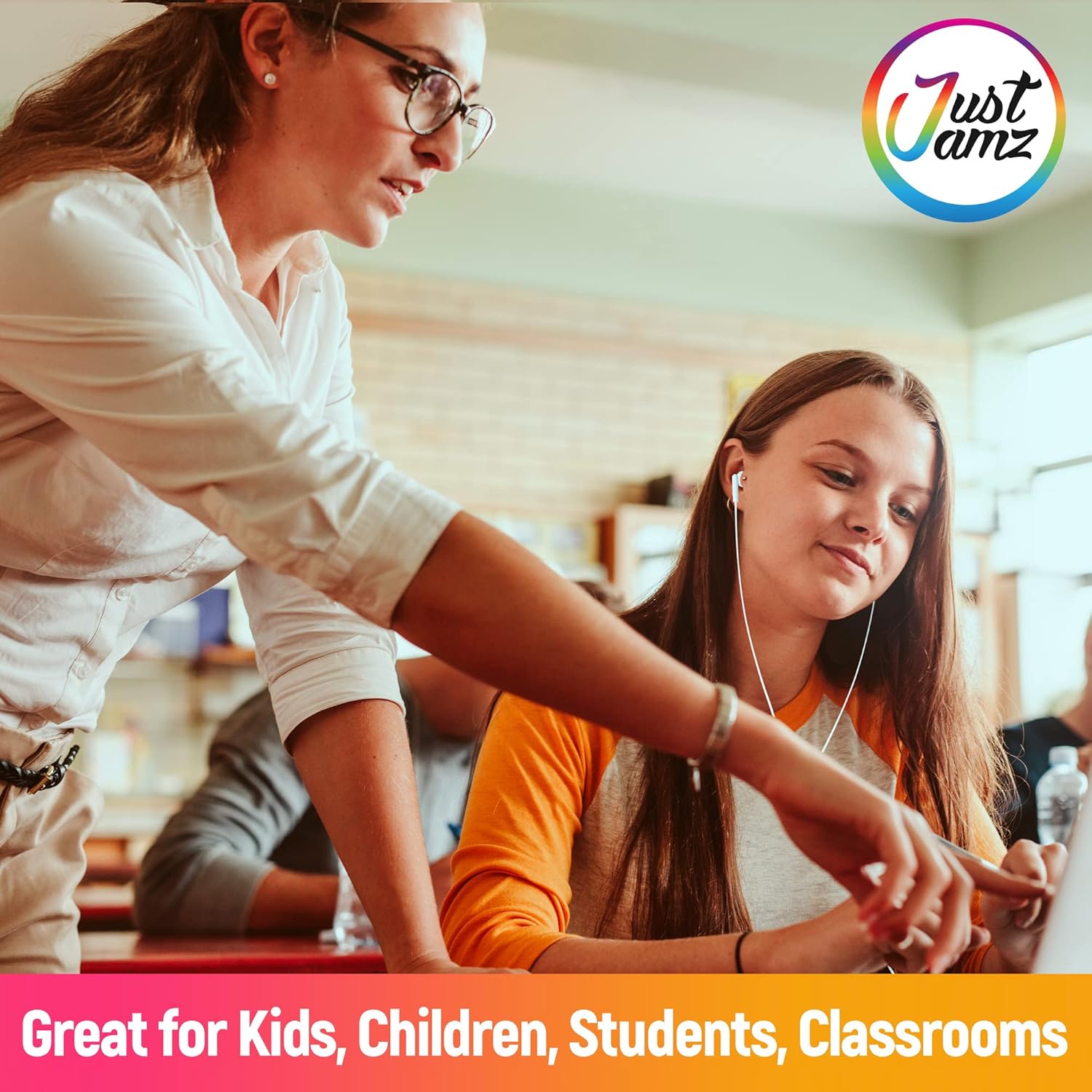 JustJamz JustJamz Pearl White Bulk Headphones 100 Pack Wired Earbuds for Classroom Schools Students Comfortable Tangle-Free Design 3.5mm Jack - View 9 of 9