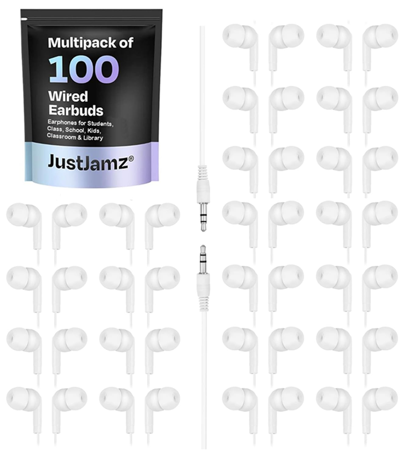 JustJamz JustJamz Pearl White Bulk Headphones 100 Pack Wired Earbuds for Classroom Schools Students Comfortable Tangle-Free Design 3.5mm Jack
