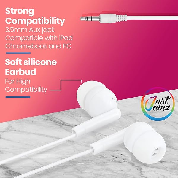 JustJamz Bulk Basic Earbuds 50 Pack Pearl White Disposable Earphones Affordable Headphones 3.5 MM Audio Jack for Schools Kids Classrooms Libraries - View 4 of 10