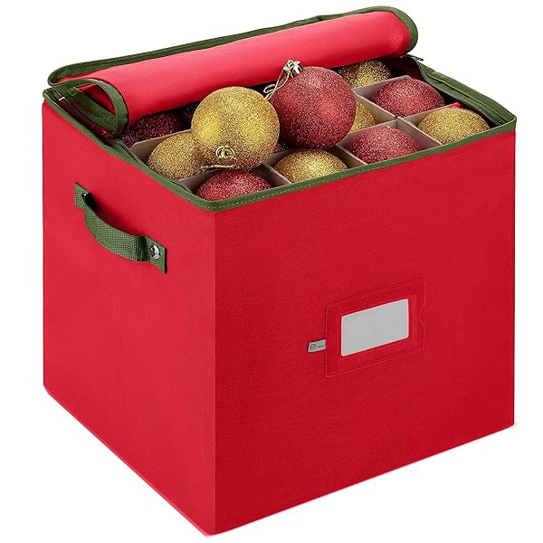 ZOBER ZOBER Christmas Ornament Storage Box: Store 64 Ornaments in Tear-Proof, Dual-Zipper Red Container with 3-Inch Cube Compartments