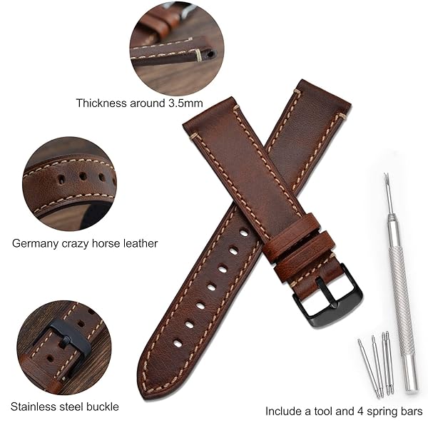 WOCCI WOCCI 24mm Leather Replacement Watch Band for Men Business Style with Black Buckle in Gold Brown - View 4 of 9