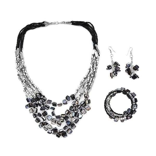 SHOP LC DELIVERING JOY Shop LC Handmade Chunky Black Beaded Jewelry Set: Necklace, Bracelet & Earrings for Women - Perfect Boho Gifts for Summer & Christmas