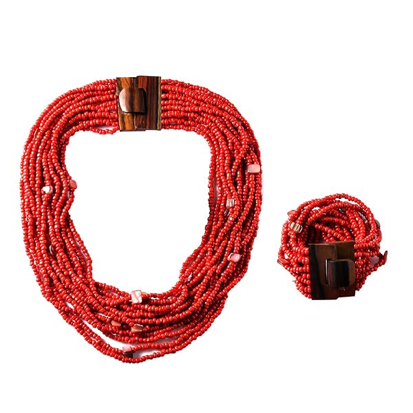SHOP LC DELIVERING JOY "Shop LC Handmade Red Seed Bead Necklace & Bracelet Set - Boho Multi-Strand Jewelry for Women - 18" Layered Design with Wooden Clasp"