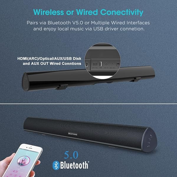 BESTISAN BESTISAN 100 Watt 40 Inch TV Sound Bar Home Theater System Bluetooth 5.0 105dB Adjustable Bass Wall Mountable Speaker - View 4 of 7