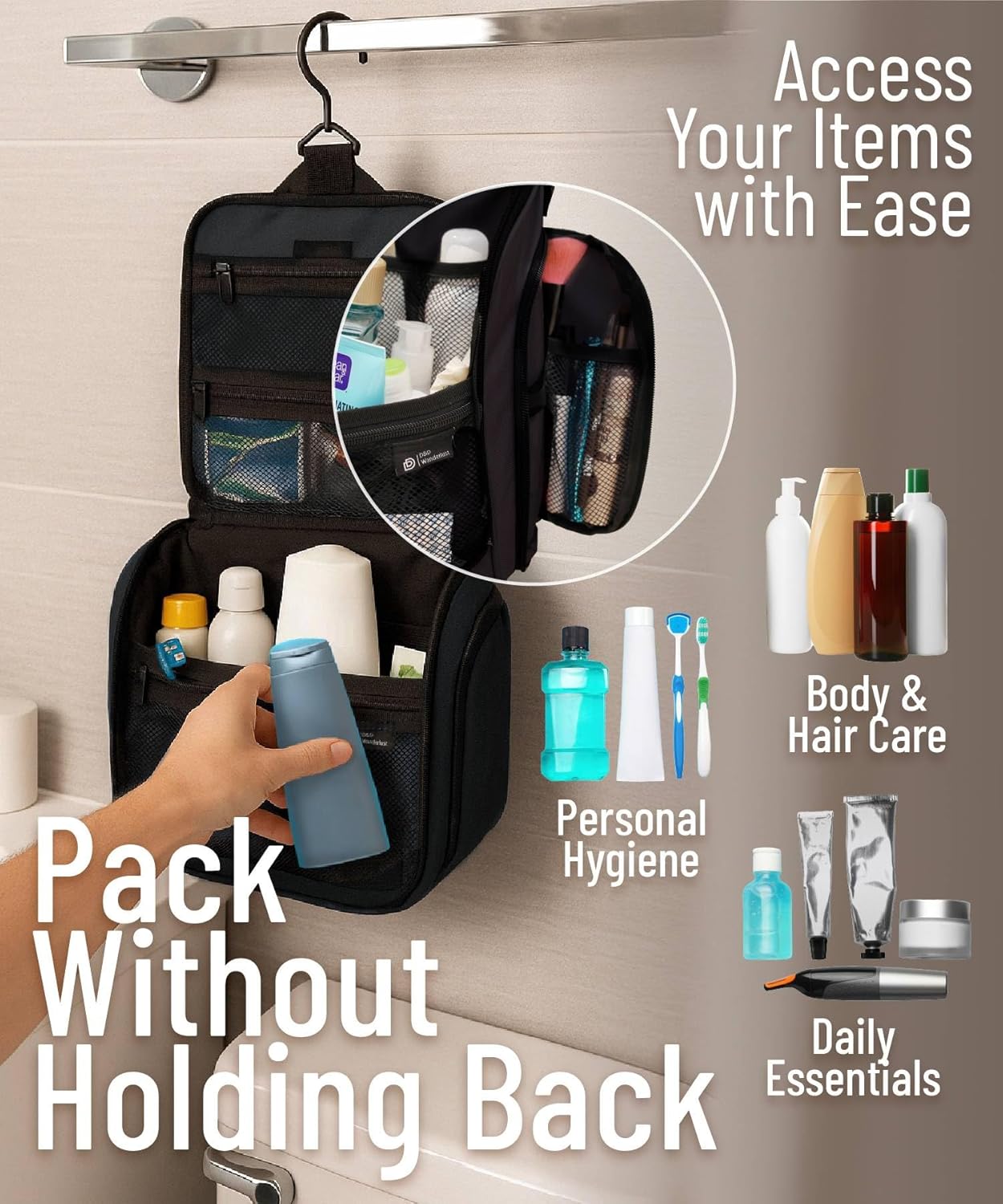 DD D&D Wanderlust DandD Hanging Travel Toiletry Bag for Men and Women with 10 Compartments Water Resistant Nylon Organizer Kit - View 5 of 9