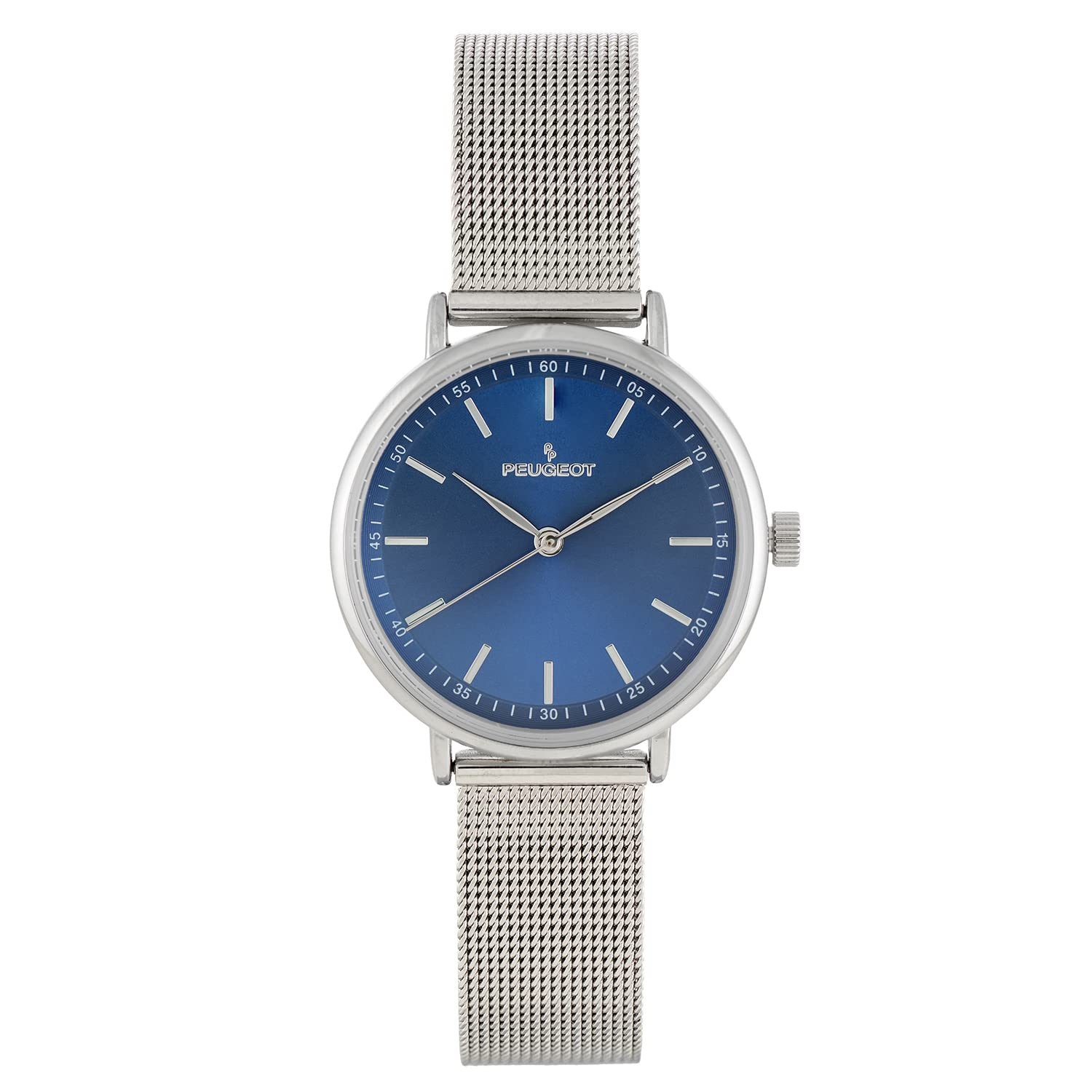 Peugeot Peugeot PP Women's Slim Sleek Dress Watch Modern Round Silver Tone Case Steel Mesh Band Blue Dial