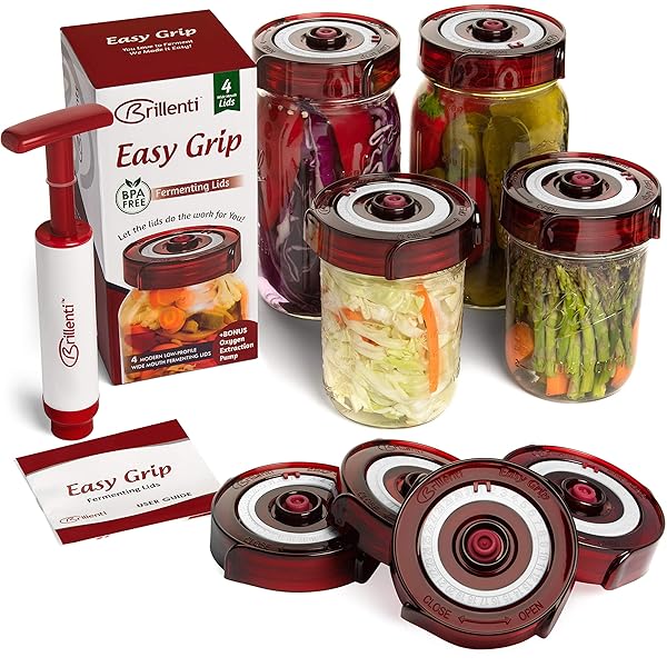 Brillenti Fermenting Lids for Wide Mouth Mason Jars 4 Pack with Easy Grip Oxygen Pump and Date Tracker for Effortless Fermentation