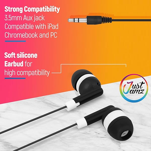 JustJamz JustJamz 100 Pack Bulk Earbuds | Disposable In-Ear Headphones for Students & Classrooms - Perfect for Kids & Libraries - View 3 of 7