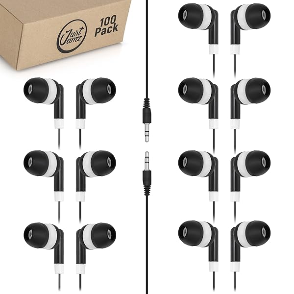 JustJamz JustJamz 100 Pack Bulk Earbuds | Disposable In-Ear Headphones for Students & Classrooms - Perfect for Kids & Libraries