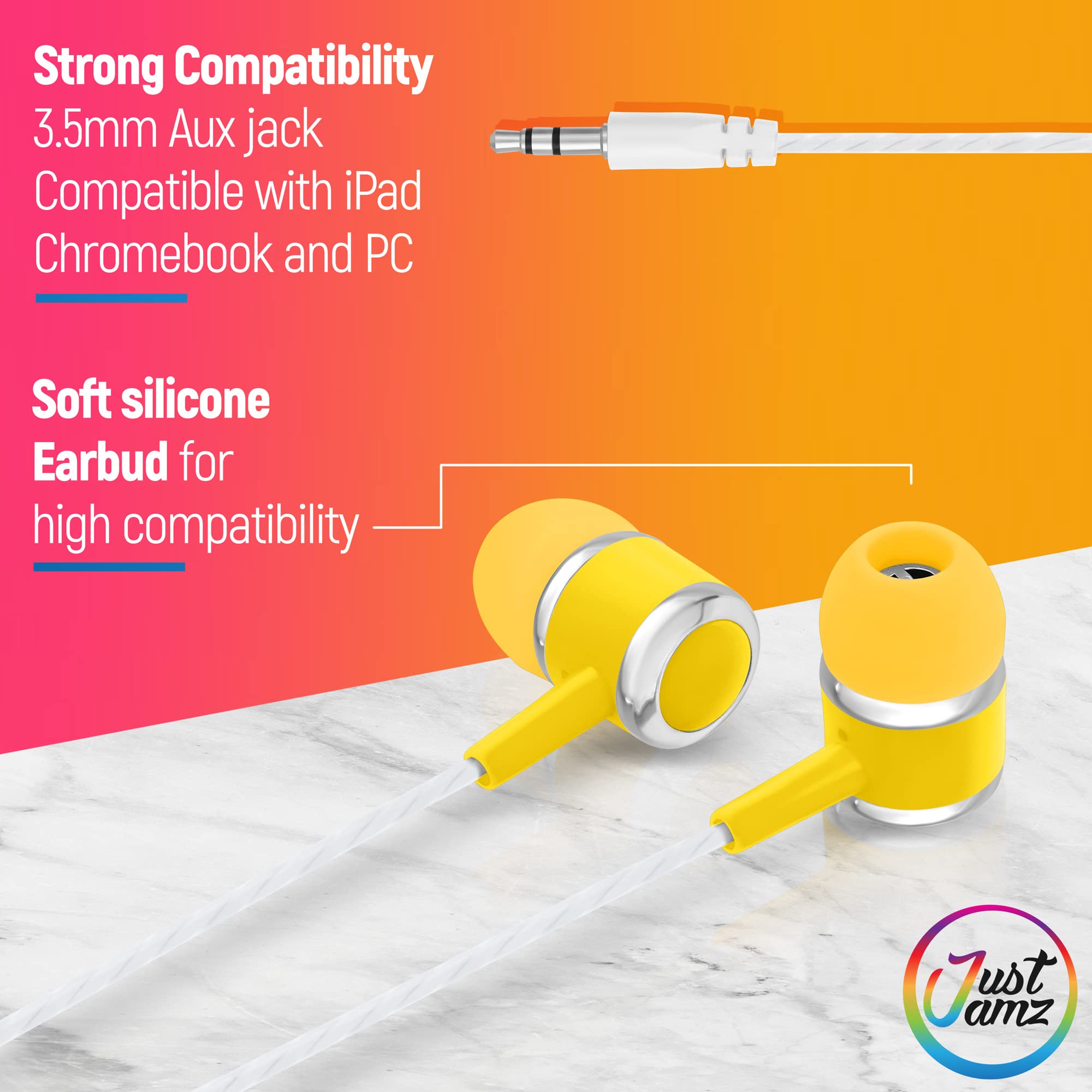 JustJamz Wired Earbuds 10 Pack Colorful Earphones for Kids and Adults Ideal for School Classroom and Library Use with 3.5mm Jack - View 2 of 9