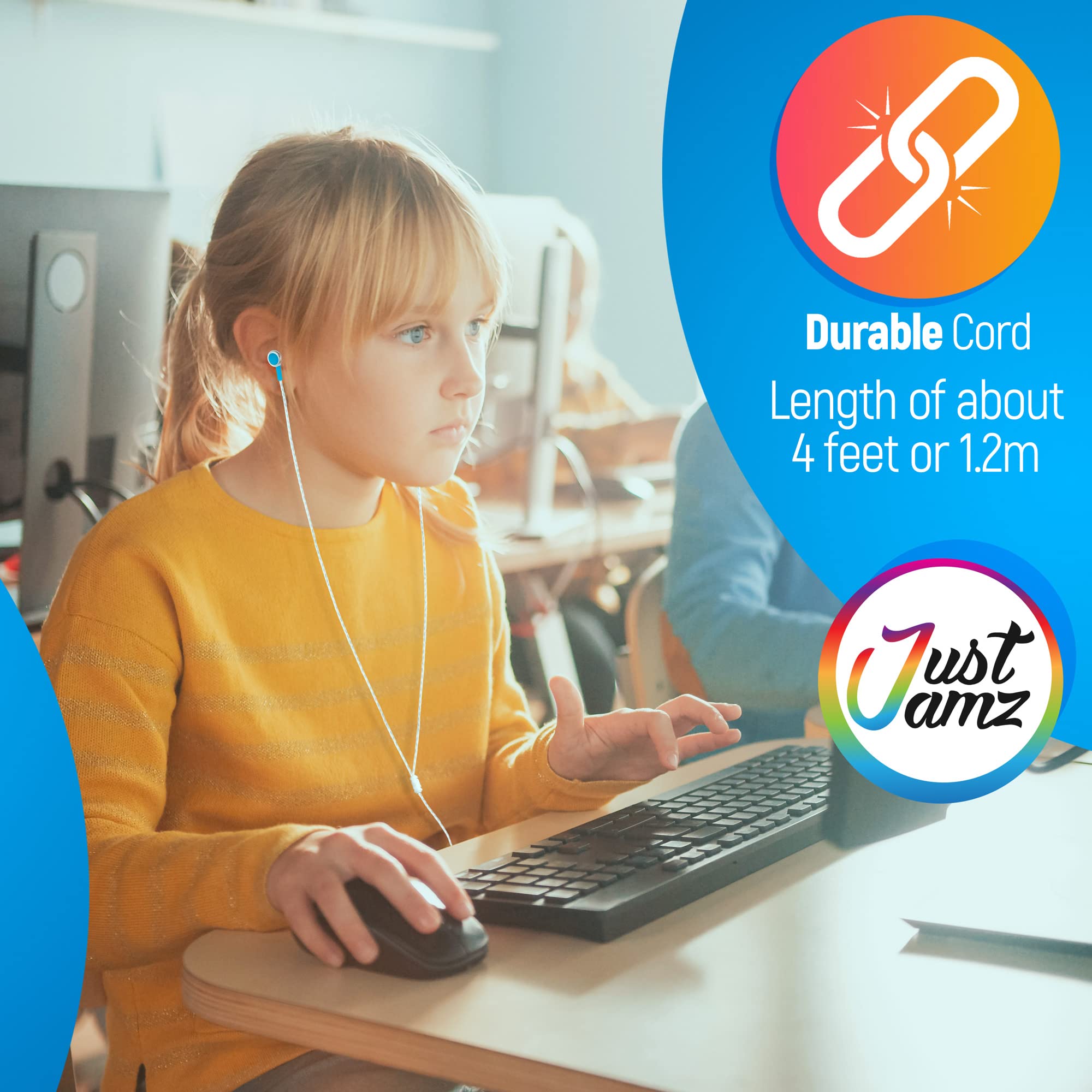 JustJamz Wired Earbuds 10 Pack Colorful Earphones for Kids and Adults Ideal for School Classroom and Library Use with 3.5mm Jack - View 3 of 9