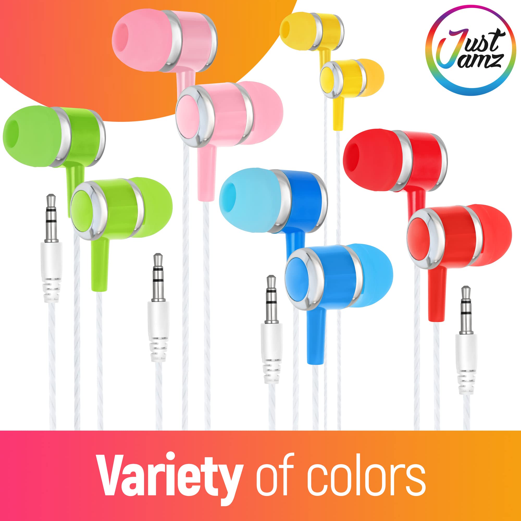 JustJamz Wired Earbuds 10 Pack Colorful Earphones for Kids and Adults Ideal for School Classroom and Library Use with 3.5mm Jack - View 5 of 9