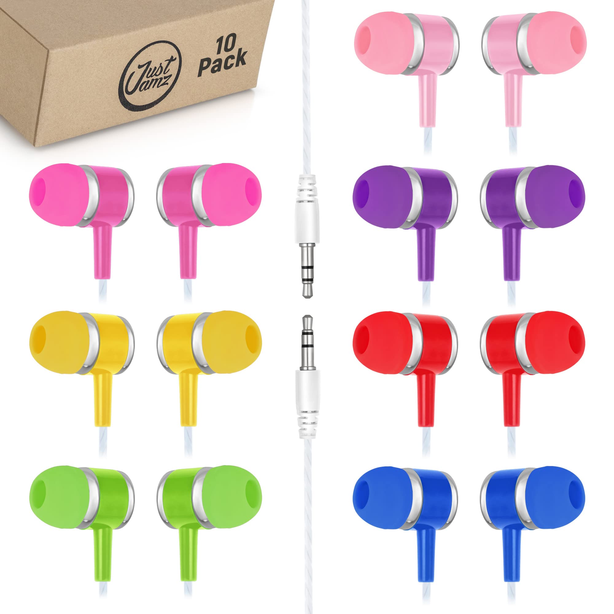 JustJamz Wired Earbuds 10 Pack Colorful Earphones for Kids and Adults Ideal for School Classroom and Library Use with 3.5mm Jack