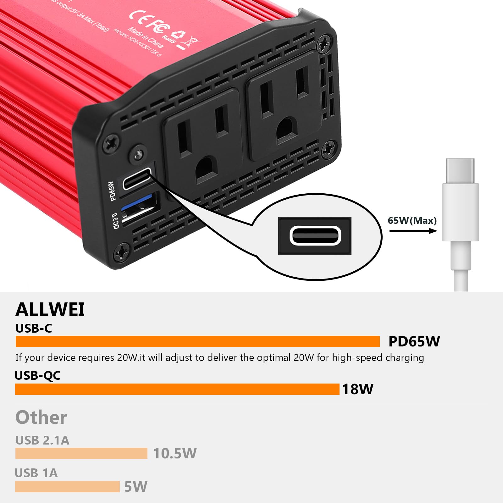 ALLWEI ALLWEI 300W Car Power Inverter with USB-C and USB Ports for Fast Charging DC 12V to 110V AC Converter for Vehicles Red - View 3 of 9