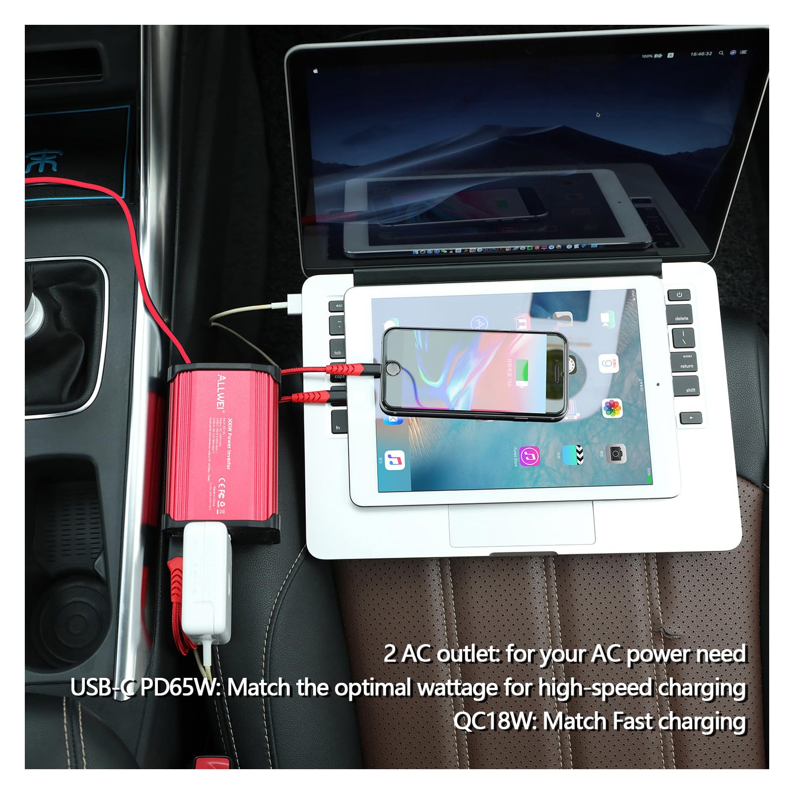 ALLWEI ALLWEI 300W Car Power Inverter with USB-C and USB Ports for Fast Charging DC 12V to 110V AC Converter for Vehicles Red - View 4 of 9