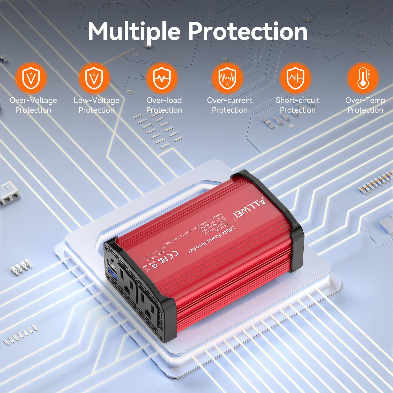 ALLWEI ALLWEI 300W Car Power Inverter with USB-C and USB Ports for Fast Charging DC 12V to 110V AC Converter for Vehicles Red - View 5 of 9