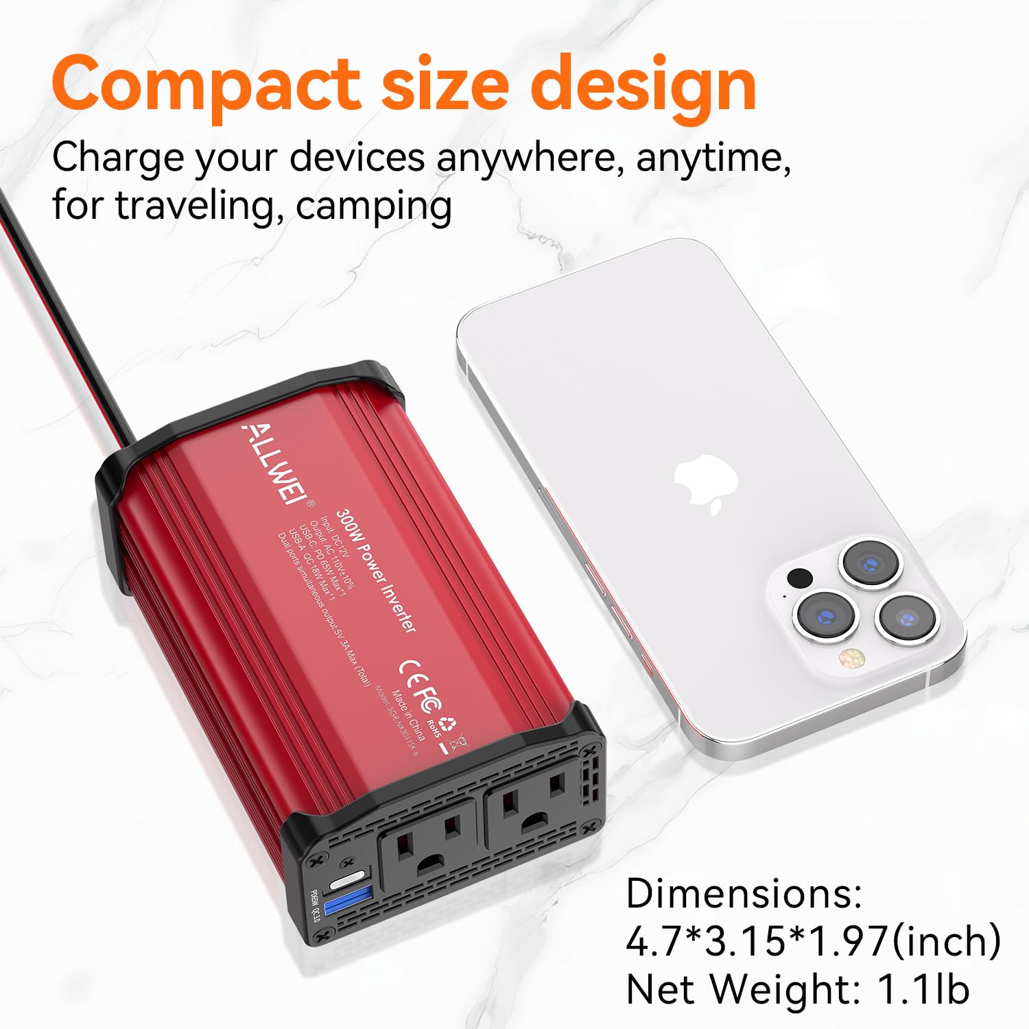 ALLWEI ALLWEI 300W Car Power Inverter with USB-C and USB Ports for Fast Charging DC 12V to 110V AC Converter for Vehicles Red - View 6 of 9