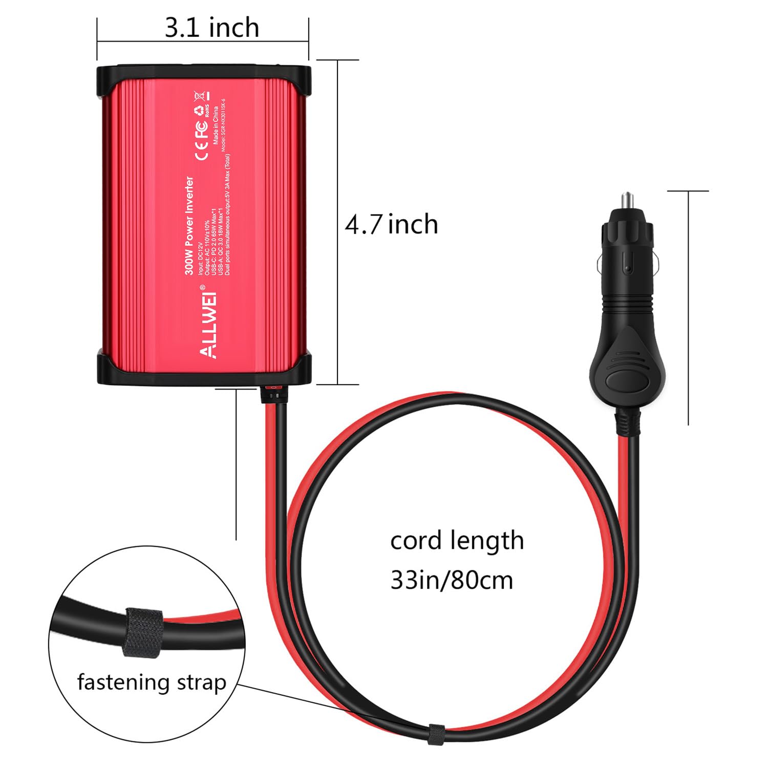 ALLWEI ALLWEI 300W Car Power Inverter with USB-C and USB Ports for Fast Charging DC 12V to 110V AC Converter for Vehicles Red - View 8 of 9