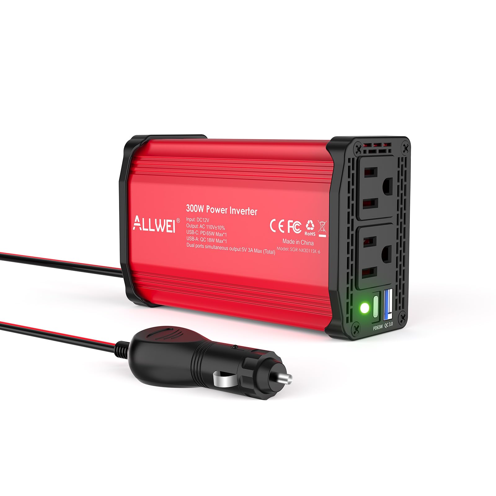 ALLWEI ALLWEI 300W Car Power Inverter with USB-C and USB Ports for Fast Charging DC 12V to 110V AC Converter for Vehicles Red