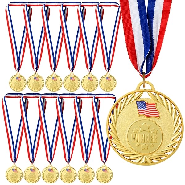 Juvale Juvale 12-Pack Gold Winner Medals for All Ages with American Flag Ribbon for Sports Tournaments Competitions Heavy-Duty Metal 2.75 Inch