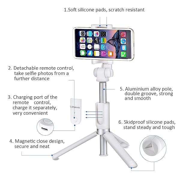Pokanic Pokanic Selfie Stick Tripod with Remote - Lightweight, Adjustable, V-Log Compatible for iPhone & Samsung Galaxy (White) - View 4 of 8