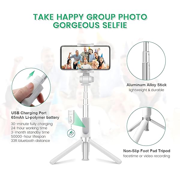 Pokanic Pokanic Selfie Stick Tripod with Remote - Lightweight, Adjustable, V-Log Compatible for iPhone & Samsung Galaxy (White) - View 5 of 8