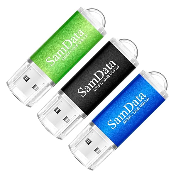 SamData 3 Pack 32GB USB Flash Drives - USB 2.0 Thumb Drives in Black, Blue & Green | High-Speed Memory Stick