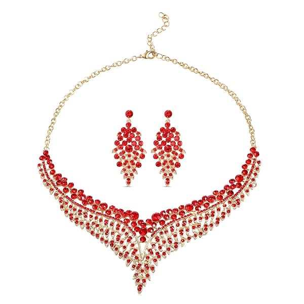 SHOP LC DELIVERING JOY Shop LC Bridal Jewelry Set: Red Crystal Earrings & Bib Necklace for Women - Perfect Wedding & Christmas Gifts