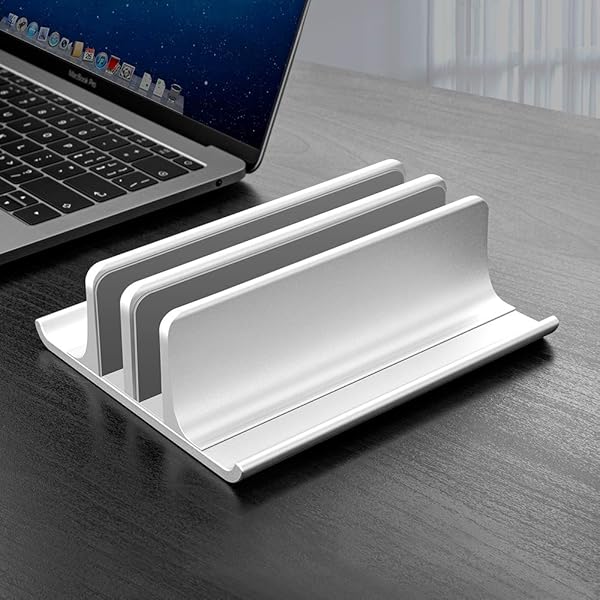 Vaydeer Vaydeer Adjustable Aluminum Laptop Stand Double-Slot Vertical Holder for MacBook Chromebook Surface Dell iPad Up to 17.3 Inches Silver - View 9 of 9