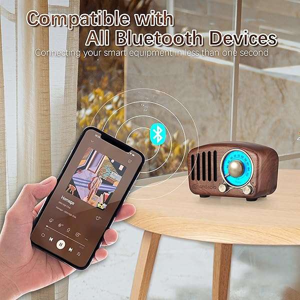Greadio Vintage Greadio Walnut Bluetooth Speaker: Retro Radio with Bass Boost, FM & MP3, Bluetooth 5.0 - Loud Volume & Stylish Design - View 4 of 9