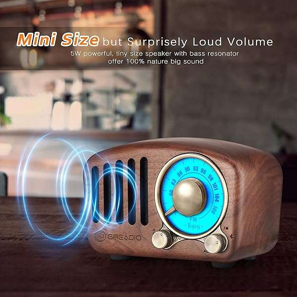 Greadio Vintage Greadio Walnut Bluetooth Speaker: Retro Radio with Bass Boost, FM & MP3, Bluetooth 5.0 - Loud Volume & Stylish Design - View 7 of 9