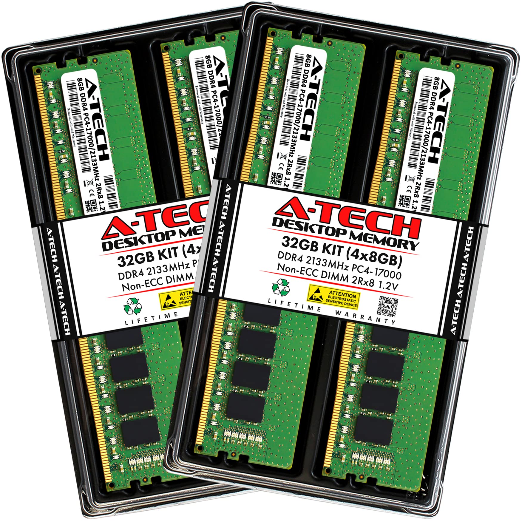 A-Tech 32GB DDR4 2133MHz Desktop RAM Memory Upgrade Kit 4x8GB Non-ECC 288-Pin PC4-17000 CL15 1.2V