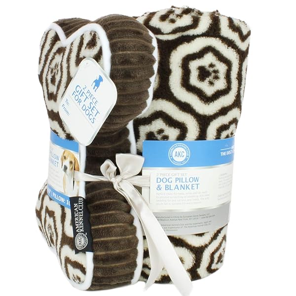 American Kennel Club AKC 60x50 Pet Blanket and 10 Inch Pillow Set Warm Plush for Dogs and Cats Paw Print Brown