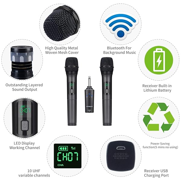 Kithouse Kithouse K380A Wireless Microphone Karaoke System Dual Rechargeable Bluetooth Receiver UHF Handheld Mic for Singing Speech Church Elegant Black - View 4 of 6
