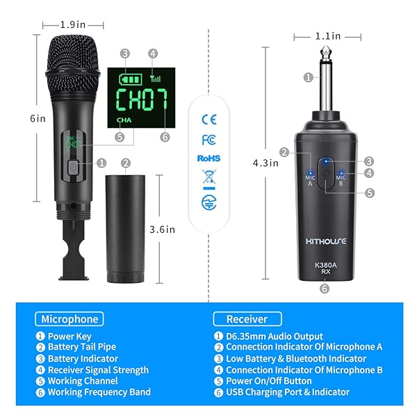 Kithouse Kithouse K380A Wireless Microphone Karaoke System Dual Rechargeable Bluetooth Receiver UHF Handheld Mic for Singing Speech Church Elegant Black - View 5 of 6