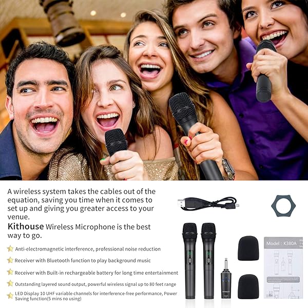 Kithouse Kithouse K380A Wireless Microphone Karaoke System Dual Rechargeable Bluetooth Receiver UHF Handheld Mic for Singing Speech Church Elegant Black - View 6 of 6
