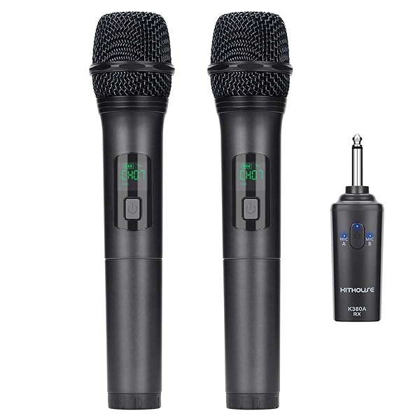 Kithouse Kithouse K380A Wireless Microphone Karaoke System Dual Rechargeable Bluetooth Receiver UHF Handheld Mic for Singing Speech Church Elegant Black