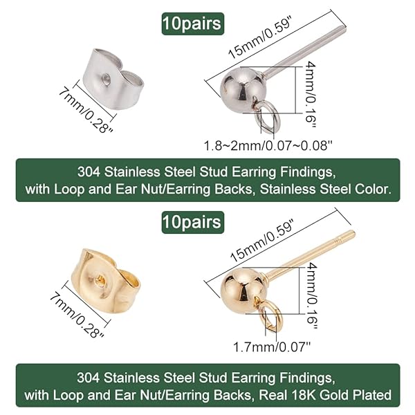 PH PandaHall PH PandaHall 20 Pairs Stainless Steel Earring Posts Flat Back Studs with Loop and Butterfly Backs for DIY Jewelry Making - View 4 of 7