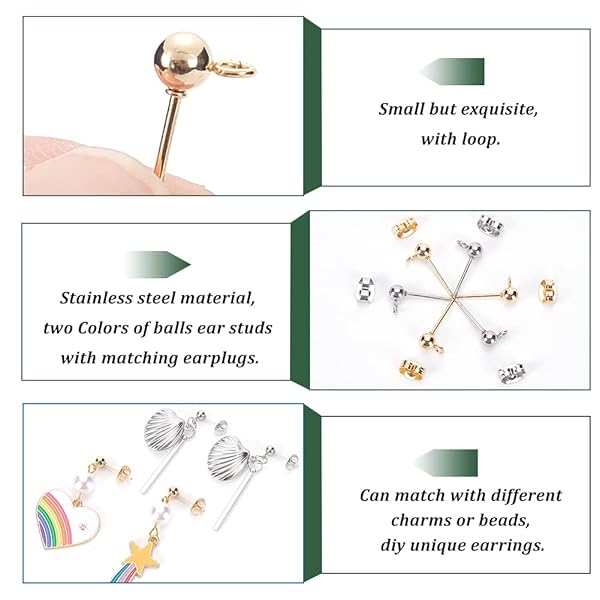 PH PandaHall PH PandaHall 20 Pairs Stainless Steel Earring Posts Flat Back Studs with Loop and Butterfly Backs for DIY Jewelry Making - View 6 of 7