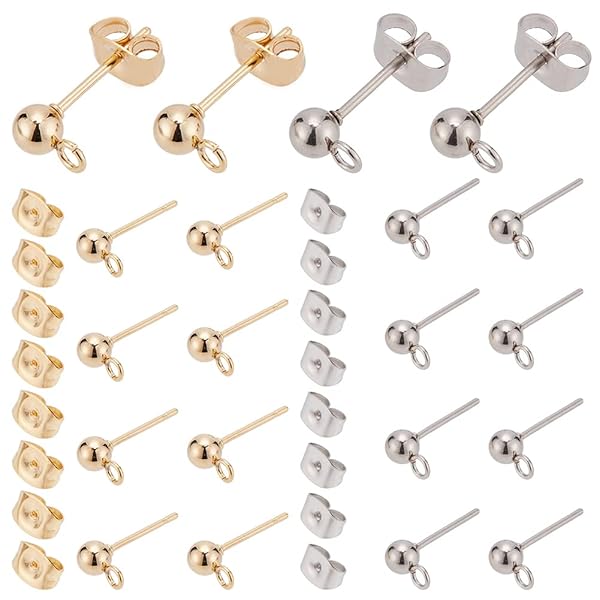 PH PandaHall 20 Pairs Stainless Steel Earring Posts Flat Back Studs with Loop and Butterfly Backs for DIY Jewelry Making