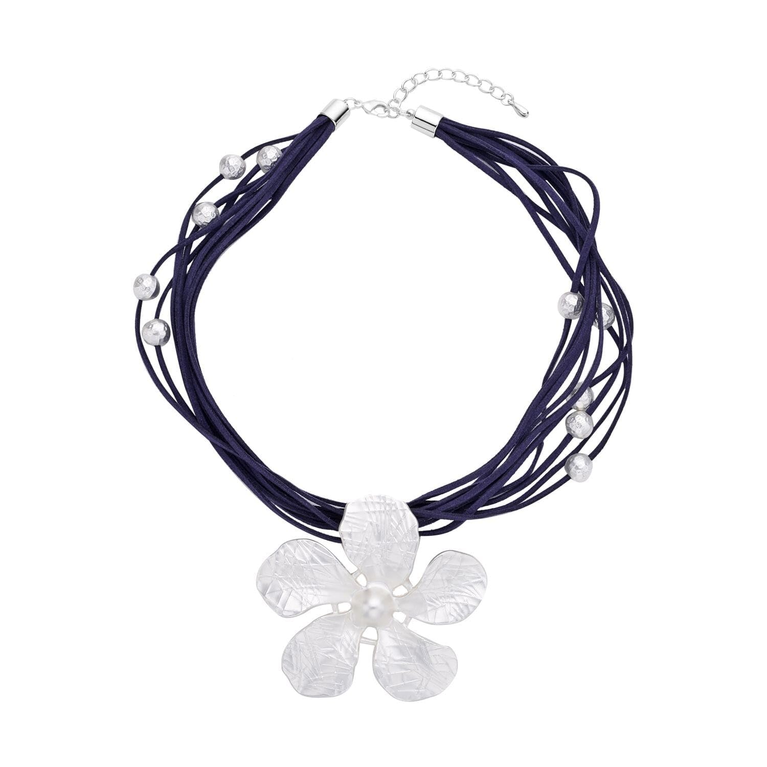 "Shop LC Multi Strand Faux Leather Jasmine Flower Necklace - Perfect Christmas Gift for Women, 18-20" Navy & Platinum Plated Jewelry"