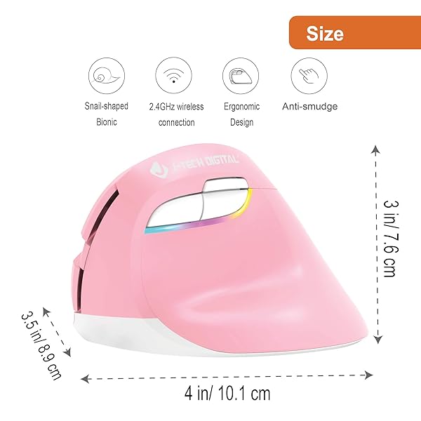 J-Tech Digital J-Tech Digital Wireless Ergonomic Vertical Mouse Rechargeable USB-C 4 DPI Settings for Windows and Mac Pink - View 3 of 8