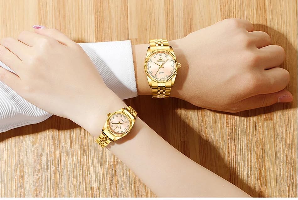 MASTOP Couple Watches Classic Golden Stainless Steel His and Hers Waterproof Quartz Watch Full Gold - View 4 of 8