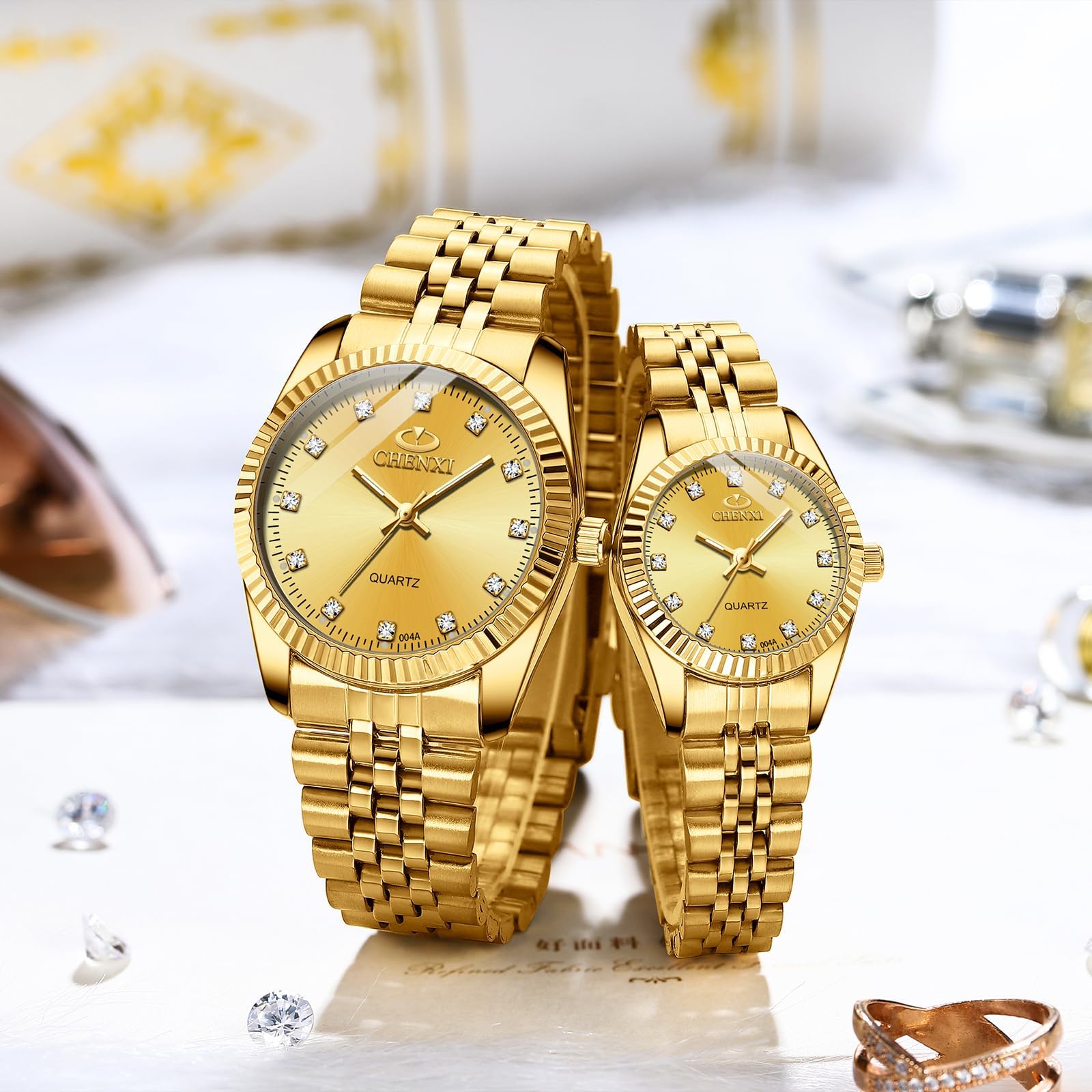 MASTOP Couple Watches Classic Golden Stainless Steel His and Hers Waterproof Quartz Watch Full Gold - View 5 of 8