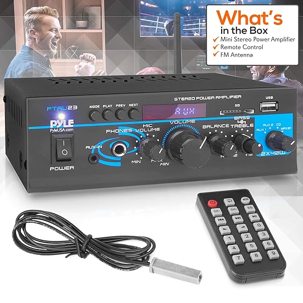 Pyle Pyle PTAU23.5 Mini Power Amplifier System Dual Channel Home Audio Mixer with USB RCA Headphone AUX MIC Input for PA and Home Use - View 8 of 8