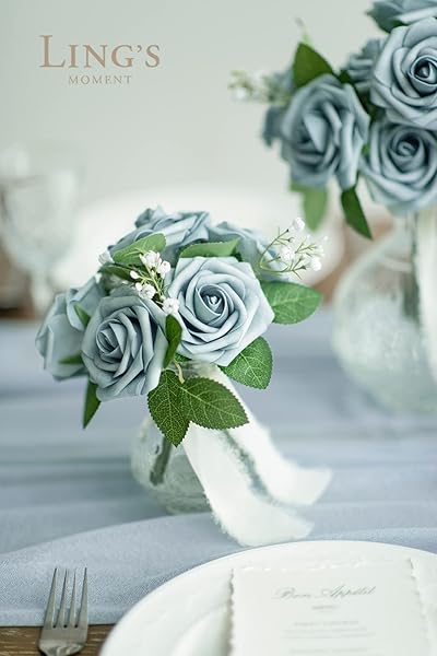 Ling's moment Ling's Moment 50Pcs Dusty Blue Roses Real Touch Foam Flowers for Wedding Bouquets Centerpieces and Home Decor - View 4 of 5