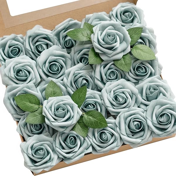 Ling's moment Ling's Moment 50Pcs Dusty Blue Roses Real Touch Foam Flowers for Wedding Bouquets Centerpieces and Home Decor