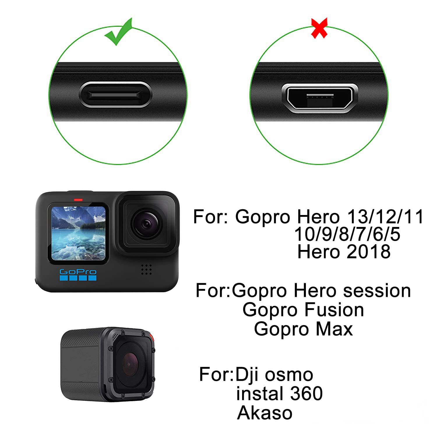 Suptig Suptig 2 Pack Charging Cable for GoPro Hero 13/12/11/10/9/8/7/6/5 & Max - Fast Data Sync & Charge (Black) - View 2 of 8